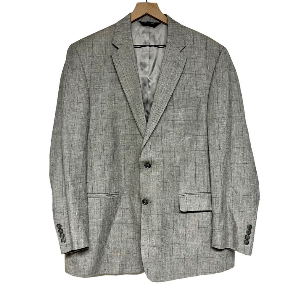 Jos. A Banks Signature Collection Mens Gray Blazer Size 44 Silk Linen Wool Check